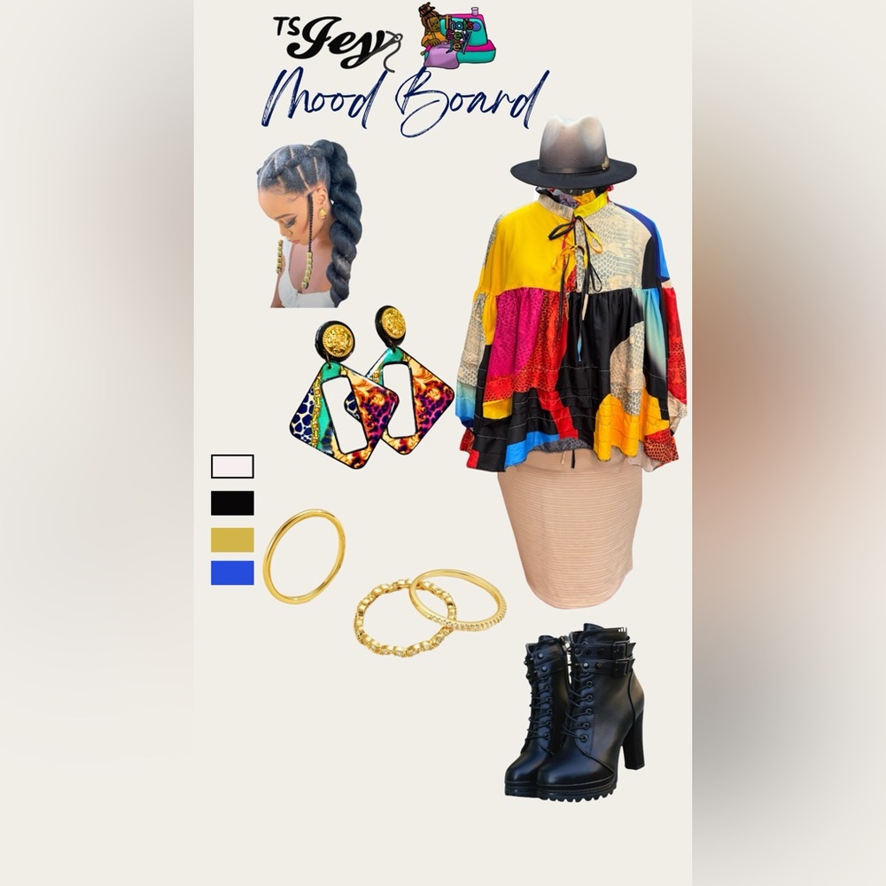 Colorful Patchwork Blouse with Beige Skirt Bundle